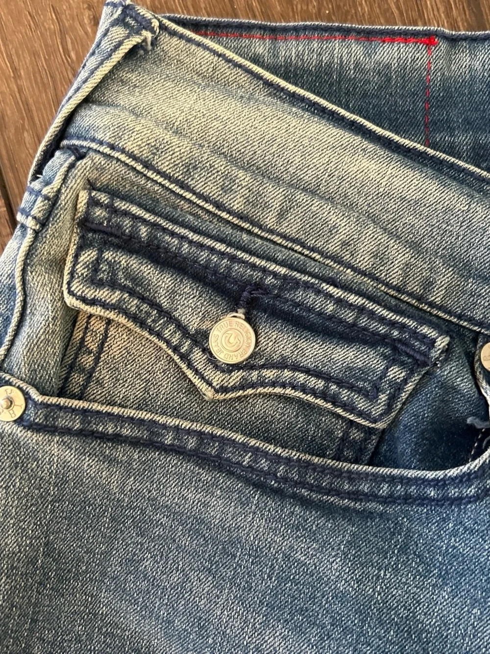 True Religion Light Blue Denim Jeans with Signature Flap Pocket